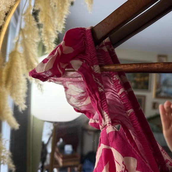 Japna NWT Pink and Cream Botanical Spaghetti Strap Smock Waist Midi Dress - Picture 6 of 8